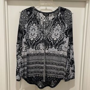 Lucky Brand Gray & Black Hi Low Tie V Neck Top